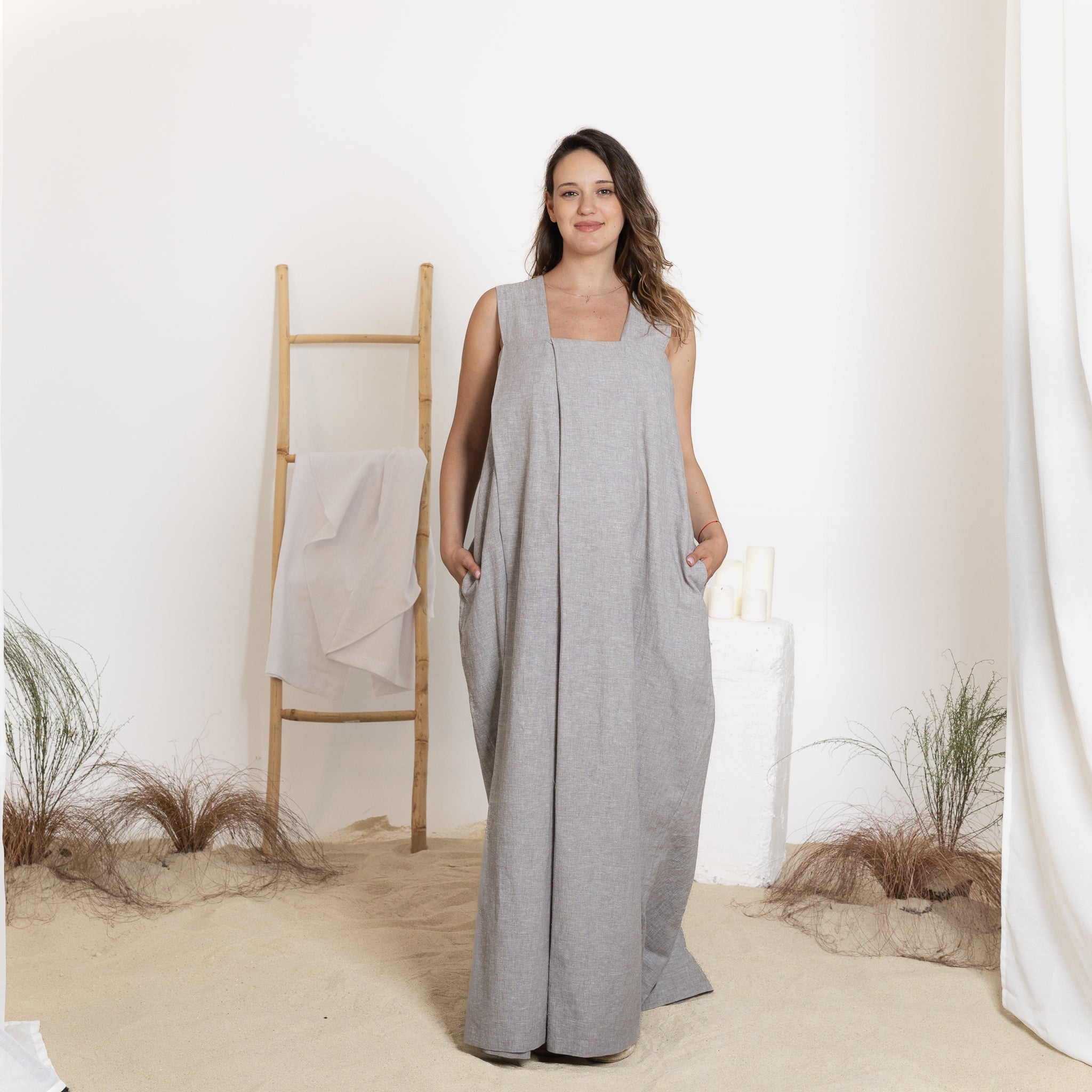Front view of maxi linen dress with pockets