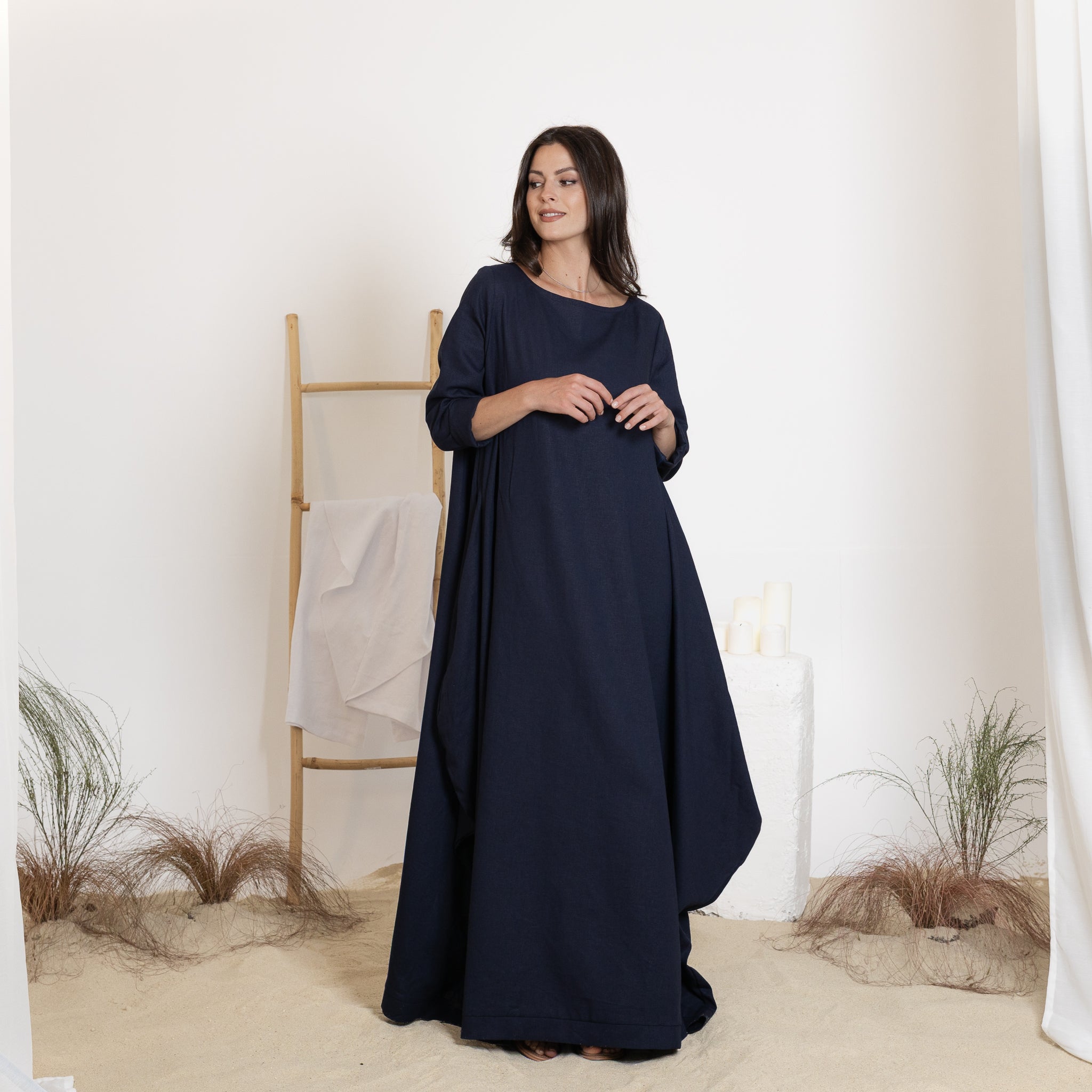 Front view of maxi linen dress in dark blue