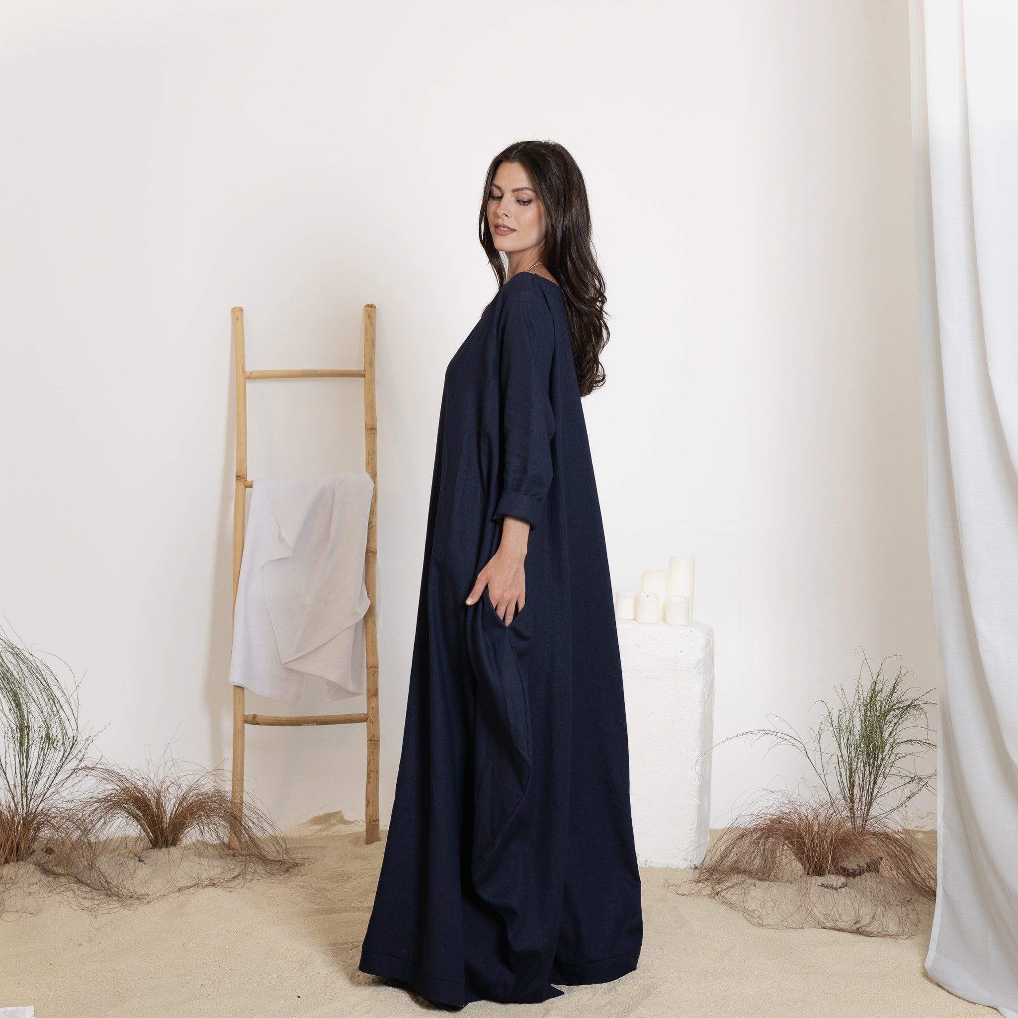 Side view of maxi linen dress