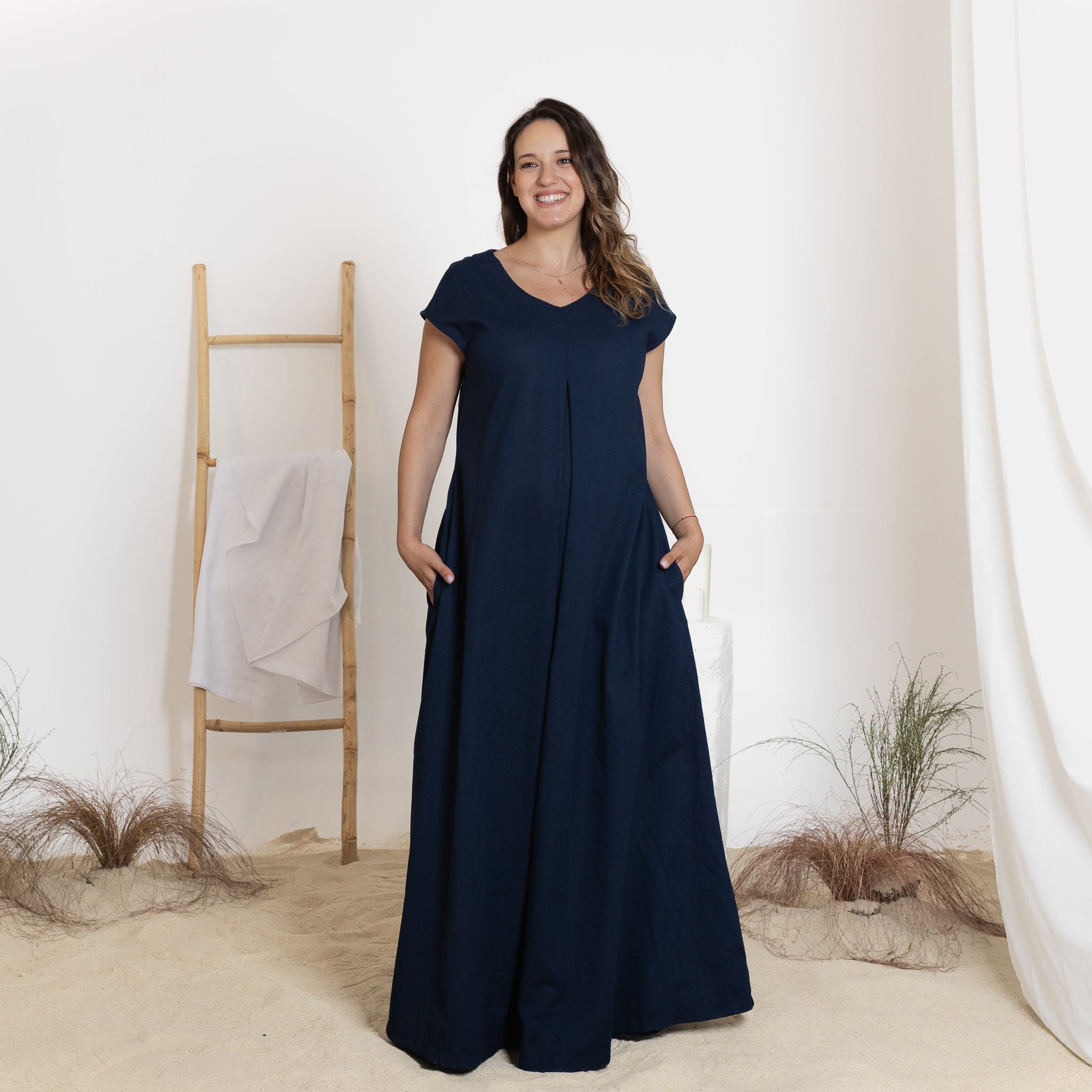 Front view of maxi linen dress with pockets