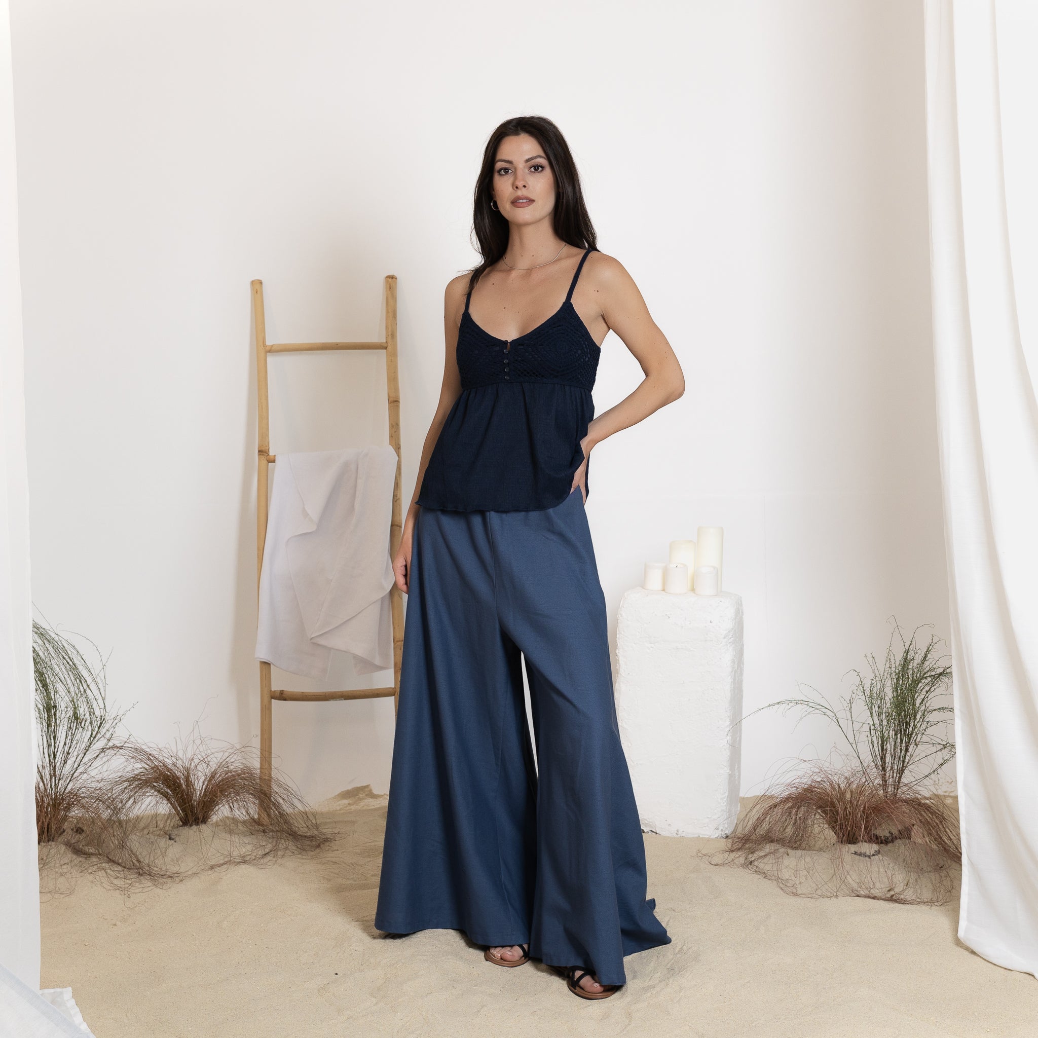Front view of wide-leg linen pants