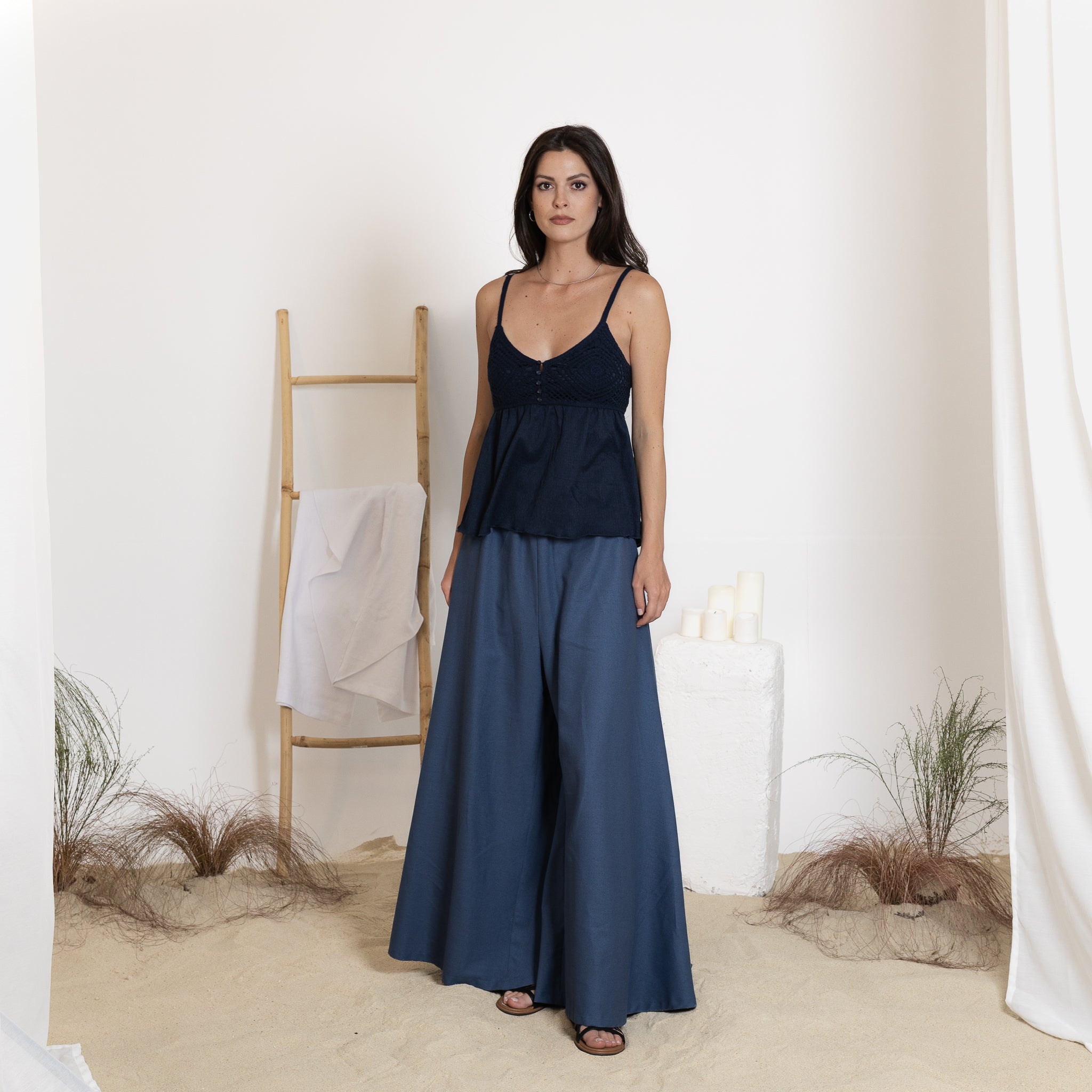 Front view of wide-leg linen pants
