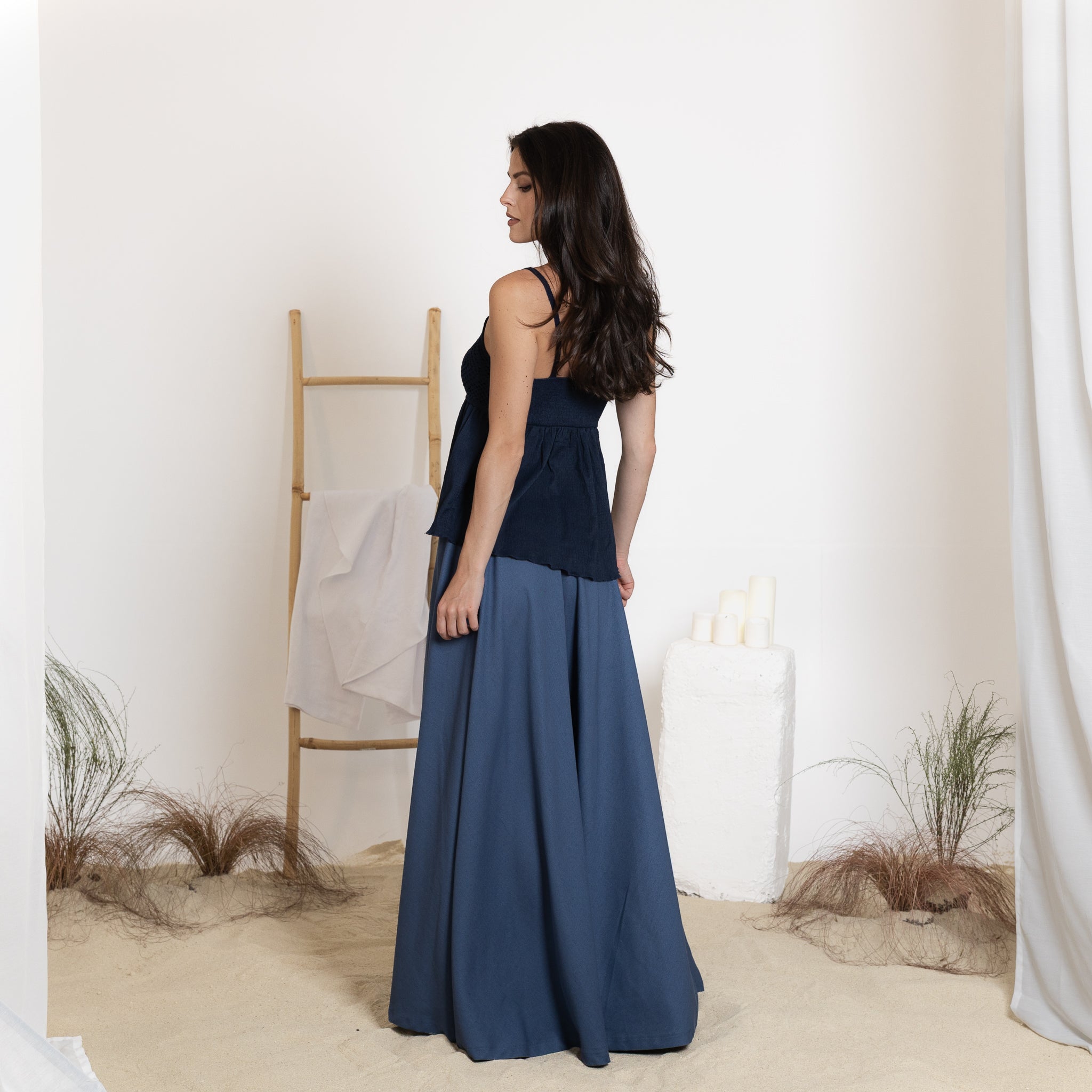 Back view of wide-leg linen pants