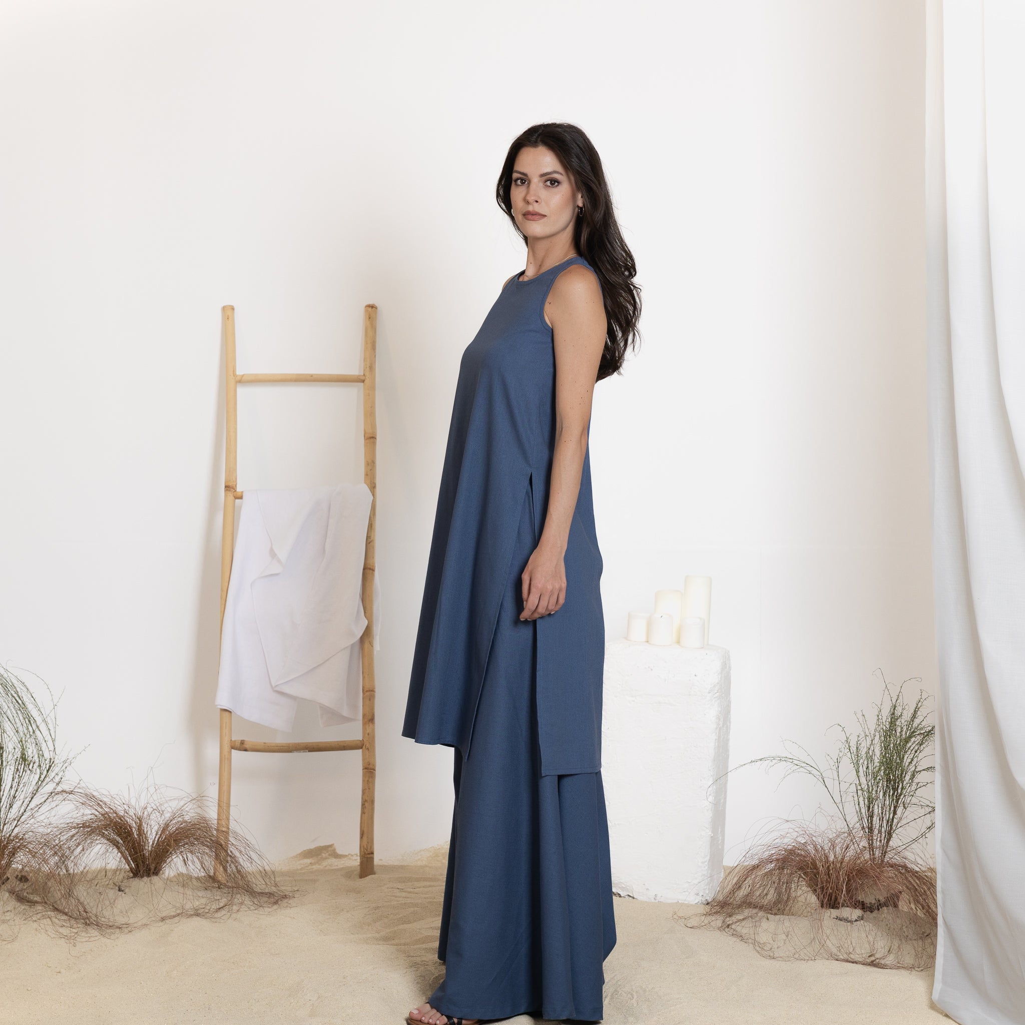 Side View of Linen Set of Tunic and Pants in Slate Blue Color