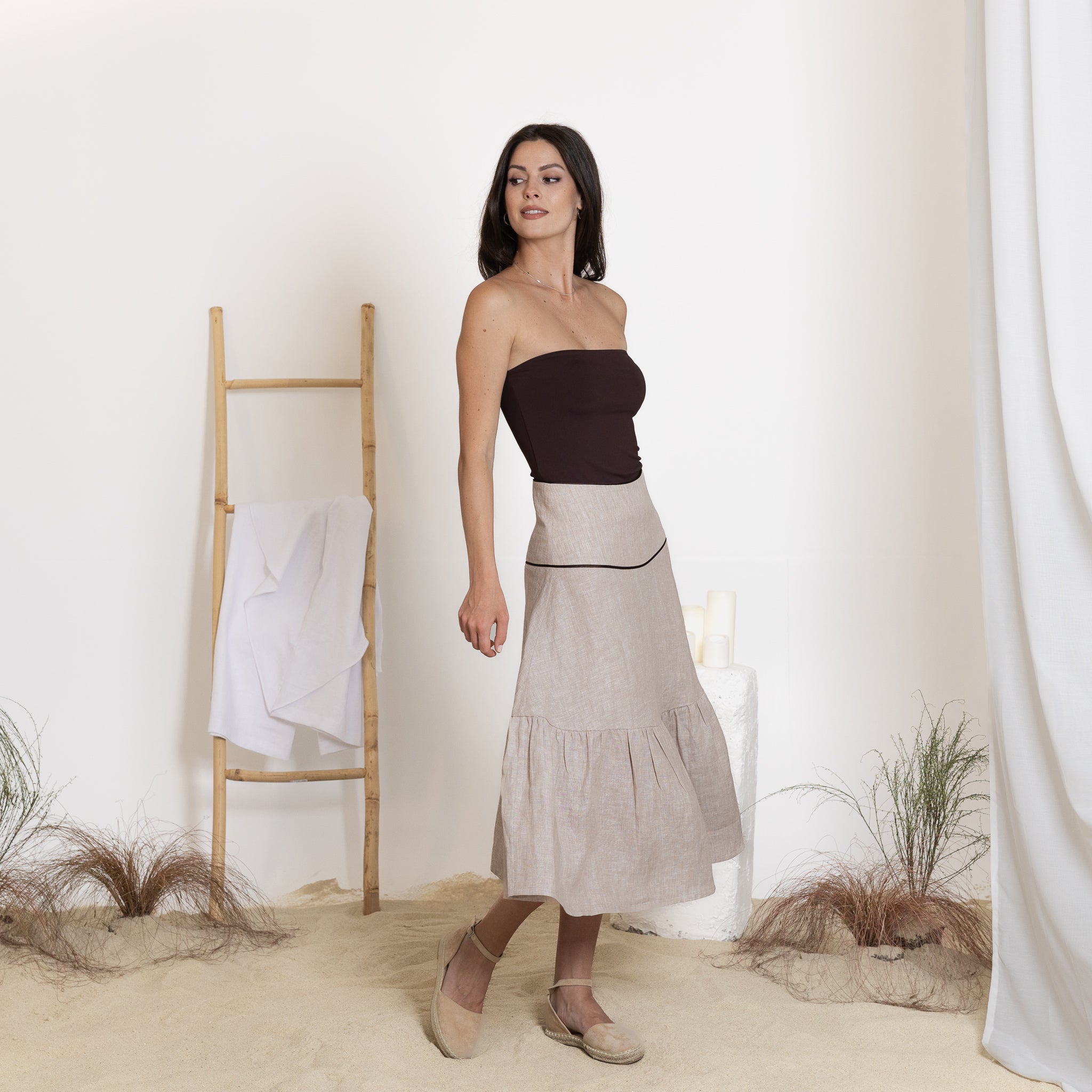 Side view of midi linen skirt