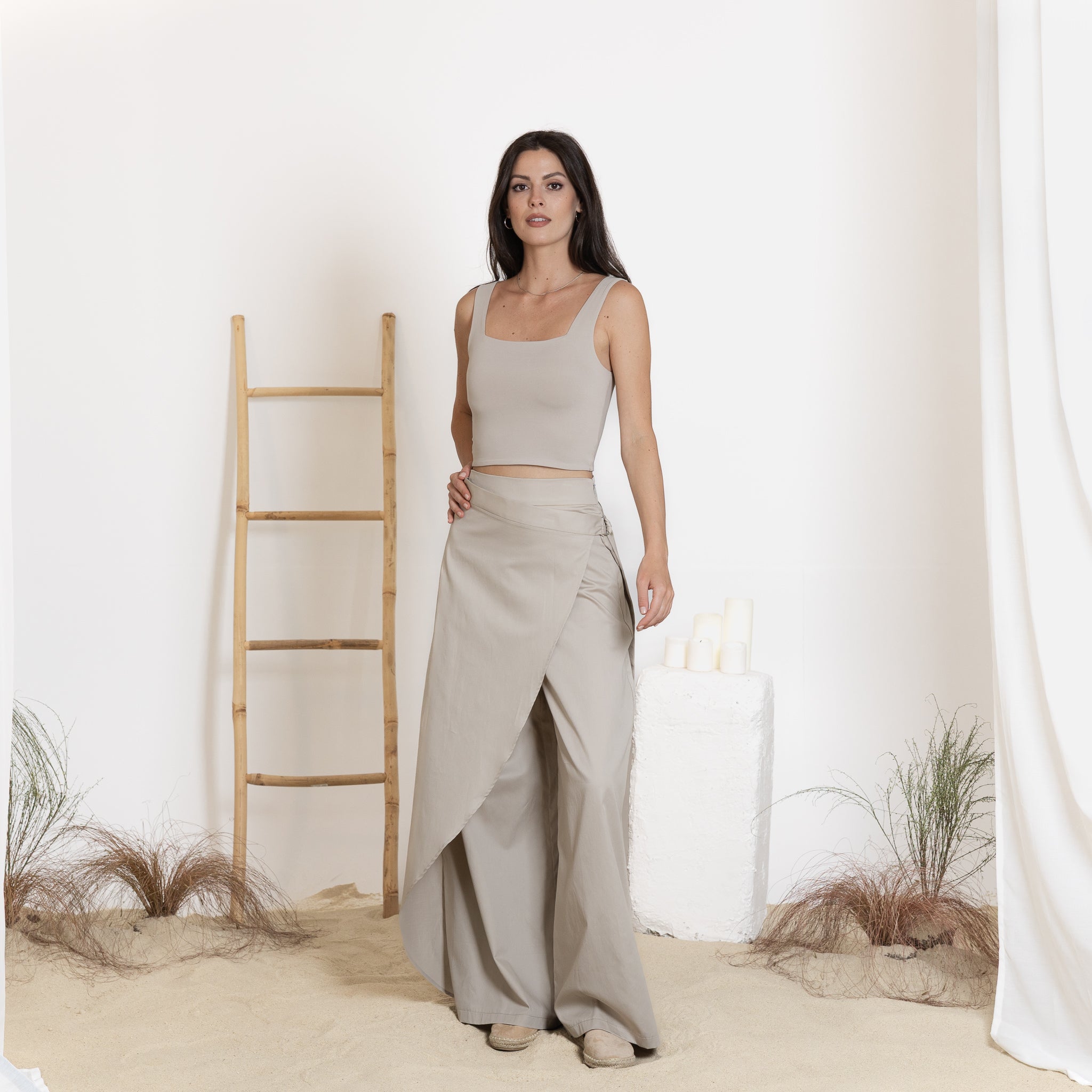 Front view of wide-leg cotton pants