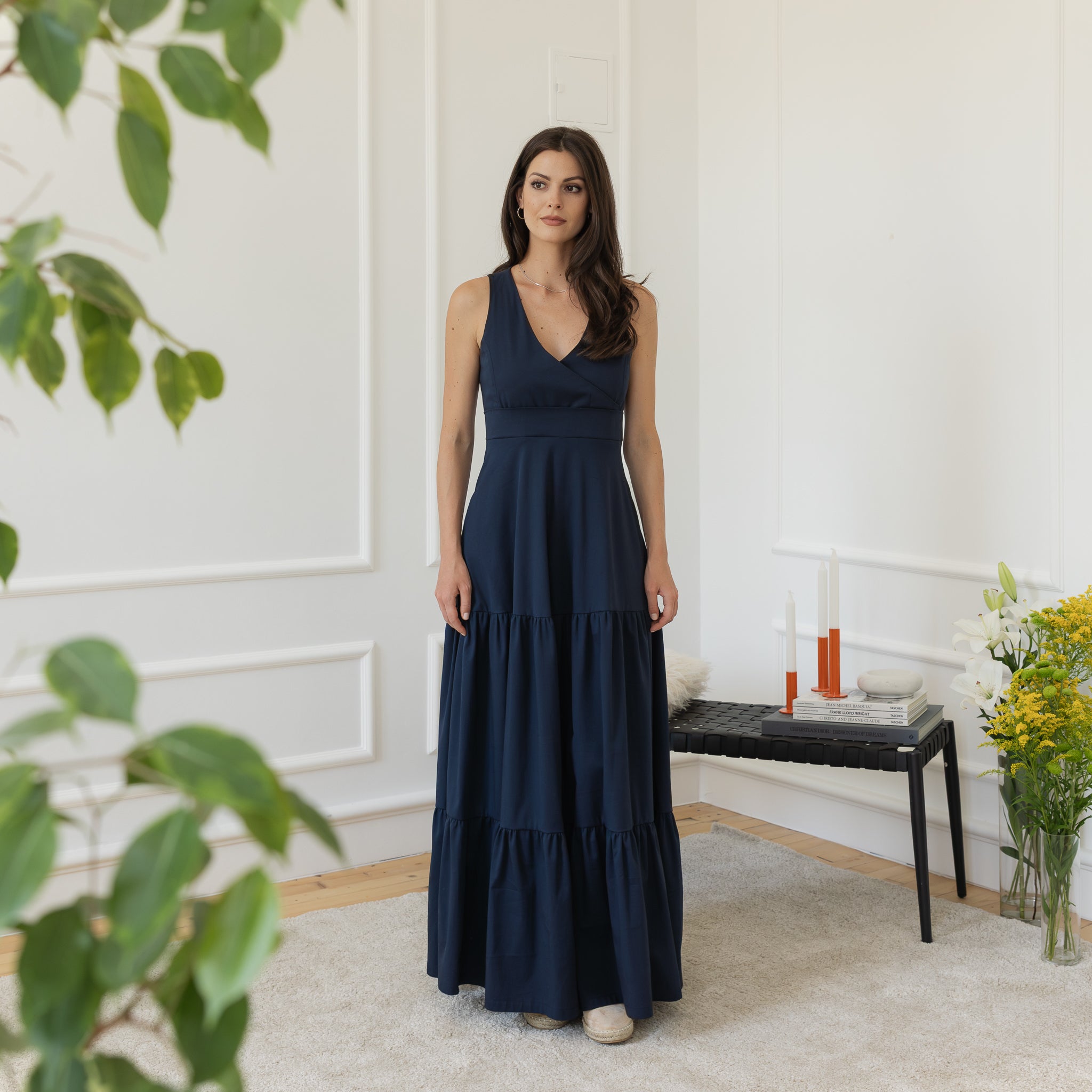 Front view of maxi sleeveless dress in dark blue