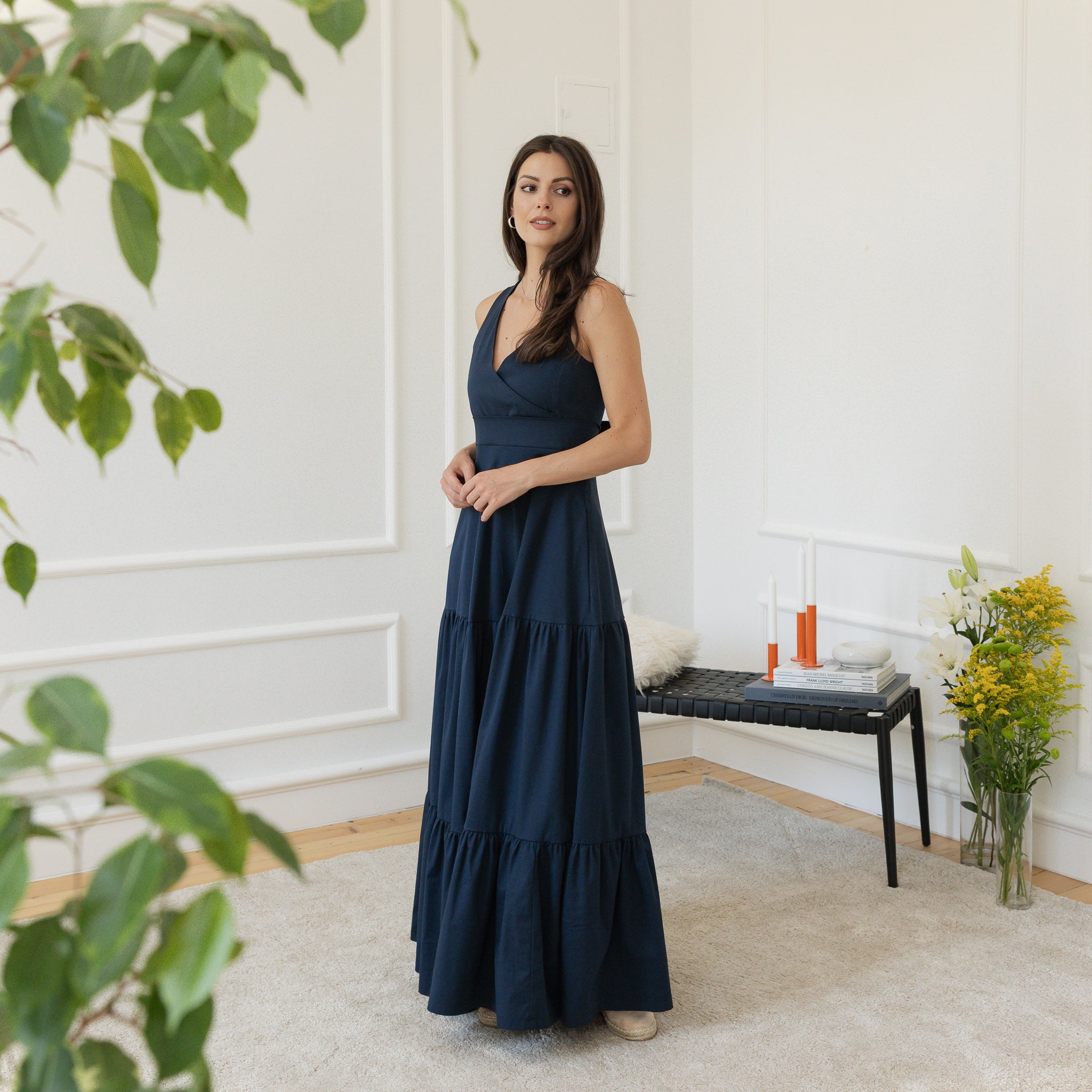 Side view of maxi cotton sleeveless dress