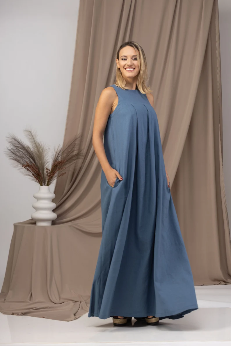 Long blue linen summer dress with flow