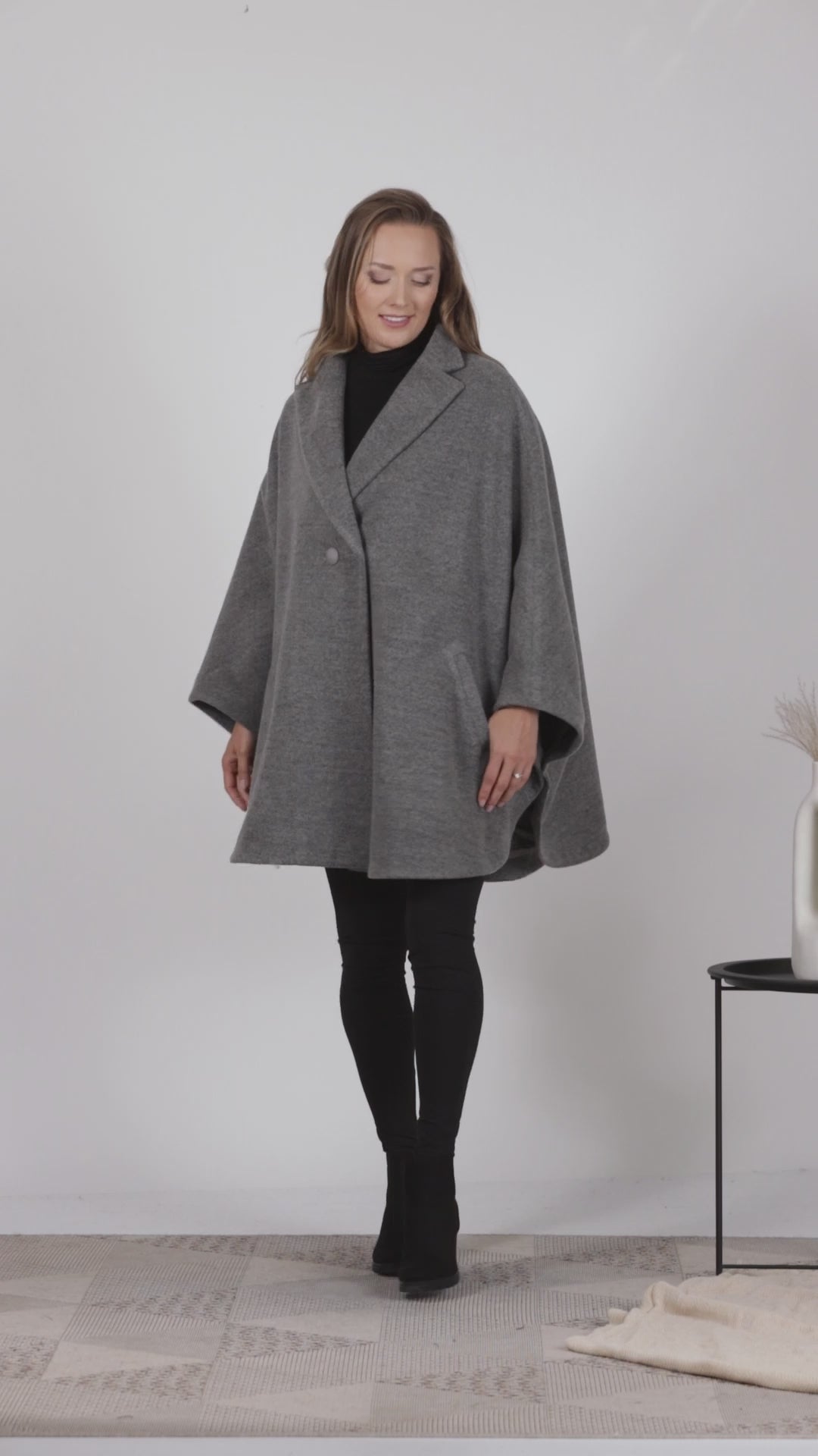 Full view of Gray oversized wool cape coat with lapel collar