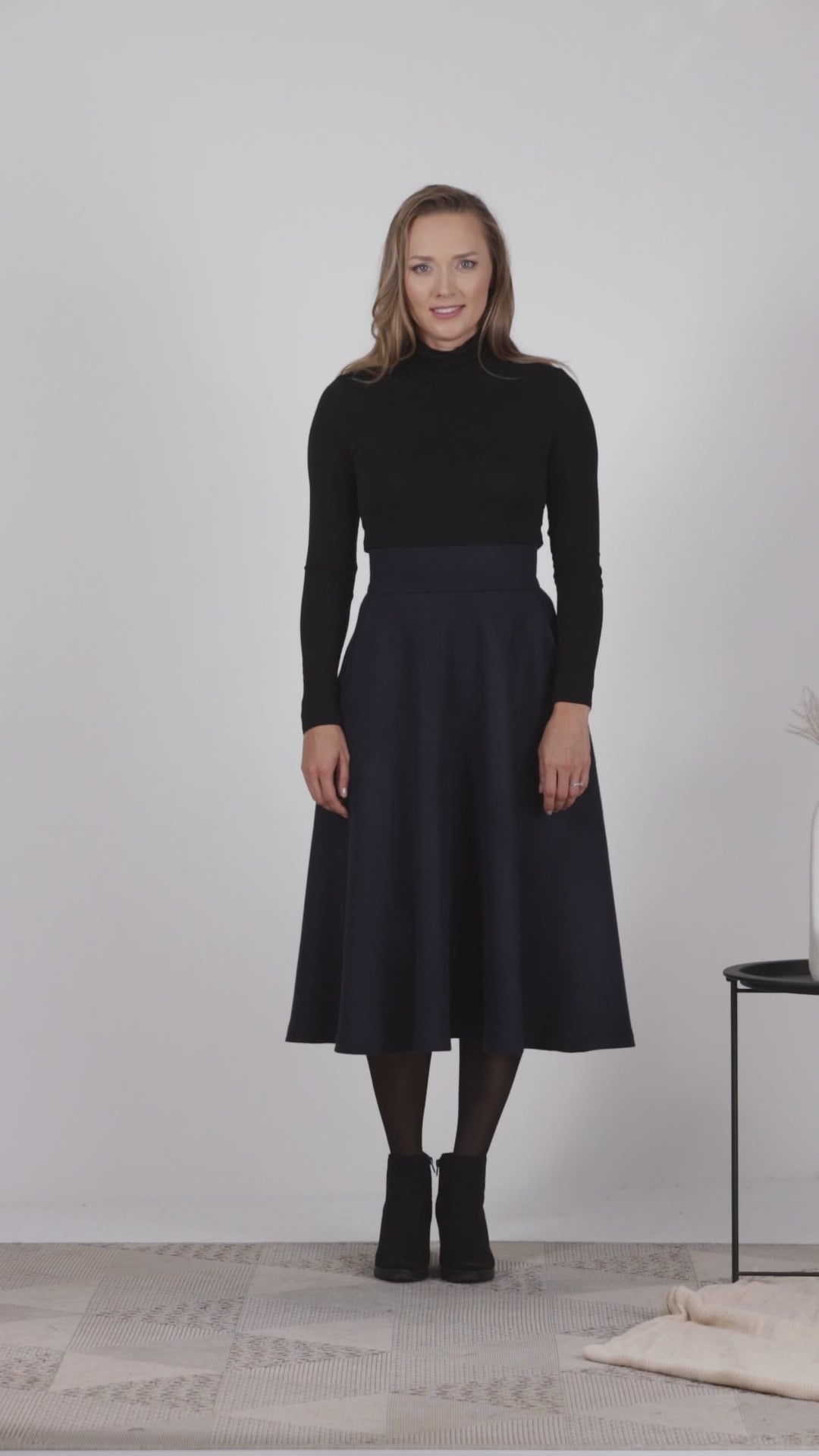 Full view of high waist dark wool skirt for cold days