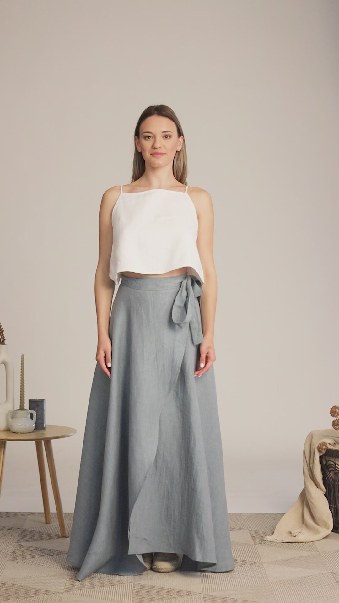 Complete design of Dusty Blue Linen Wrap Maxi Skirt 