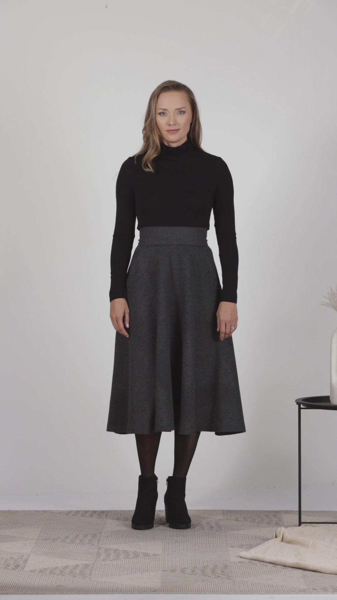 Full view of comfortable high waist wool skirt