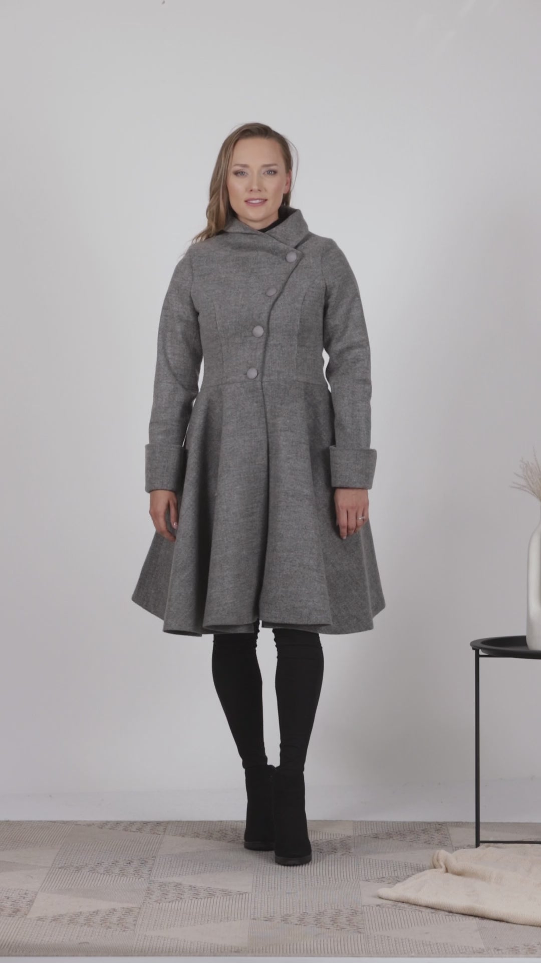 Full view of Gray A-line Buttoned Winter Coat
