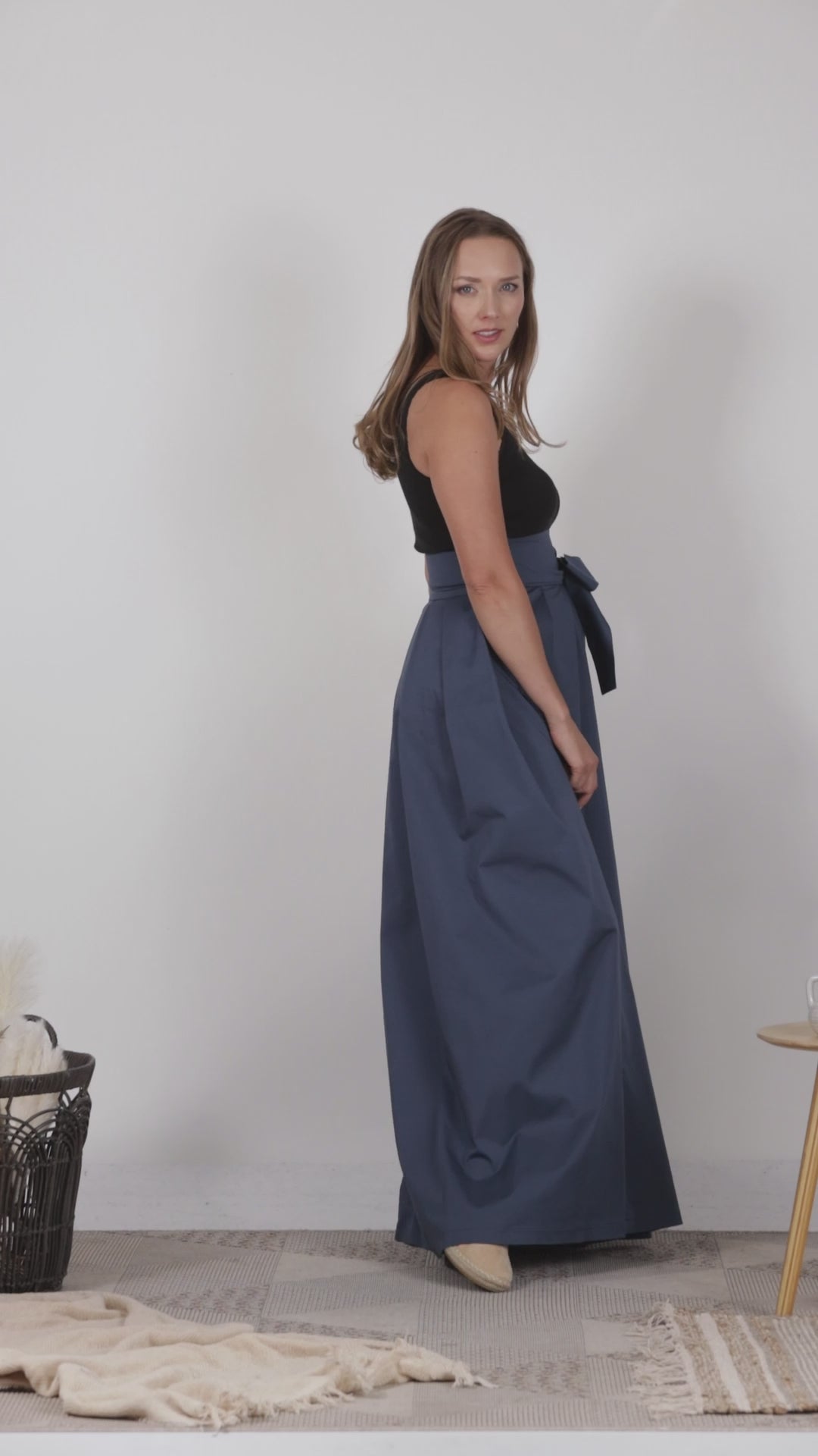Full view of Cotton maxi skirt in sage blue with high waistline