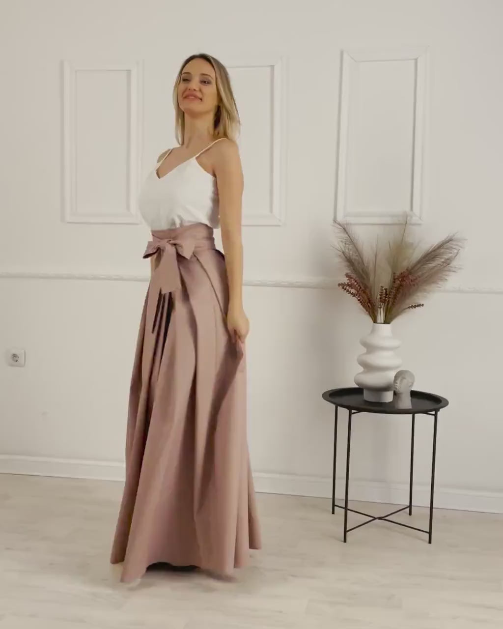 Full view of Dusty Rose High Waist Pleated Maxi Skirt