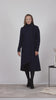 Full view of Dark blue boiled wool coat with high collar