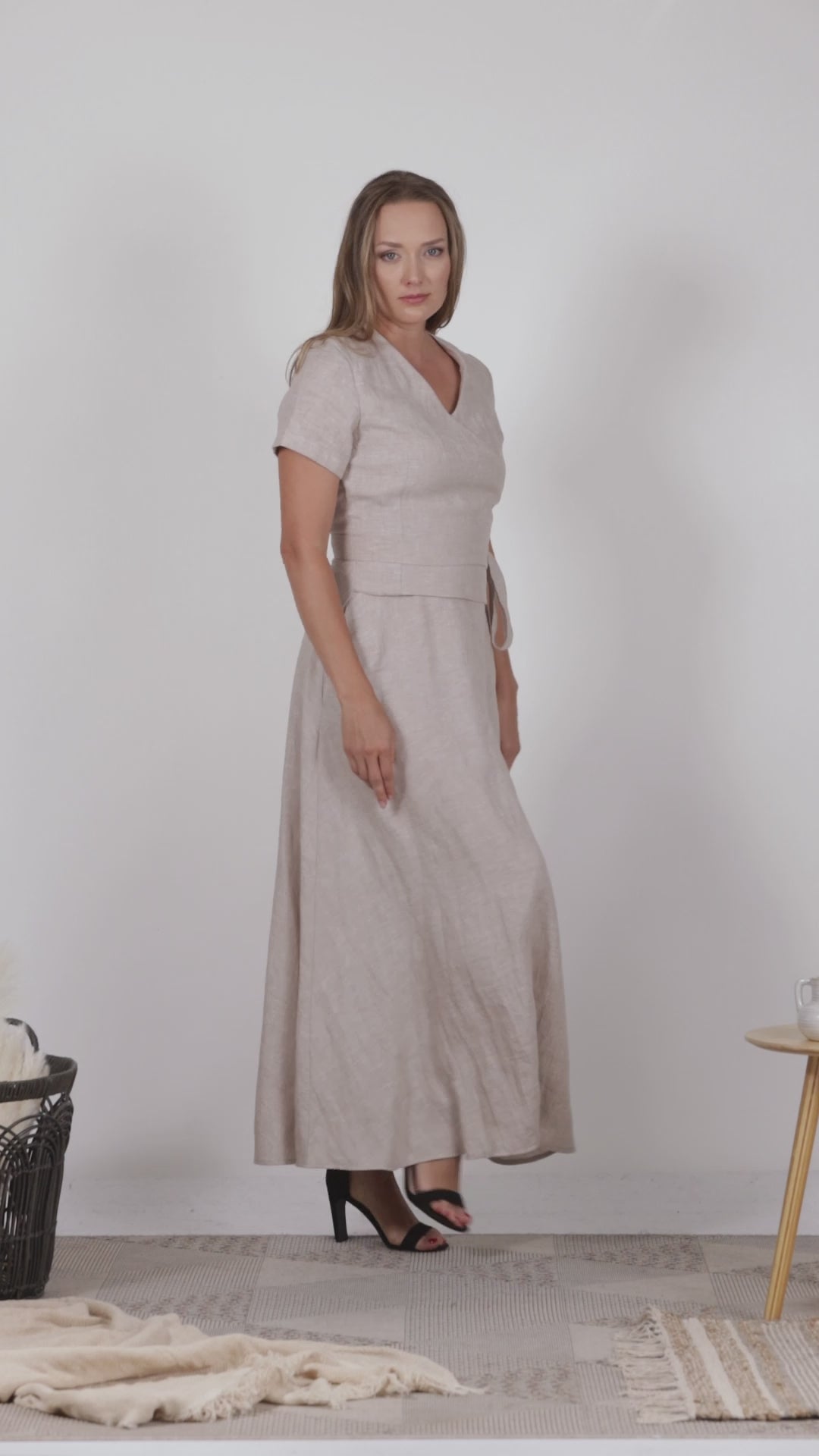 Complete design of Linen Wrap Around Dress with Waist Tie