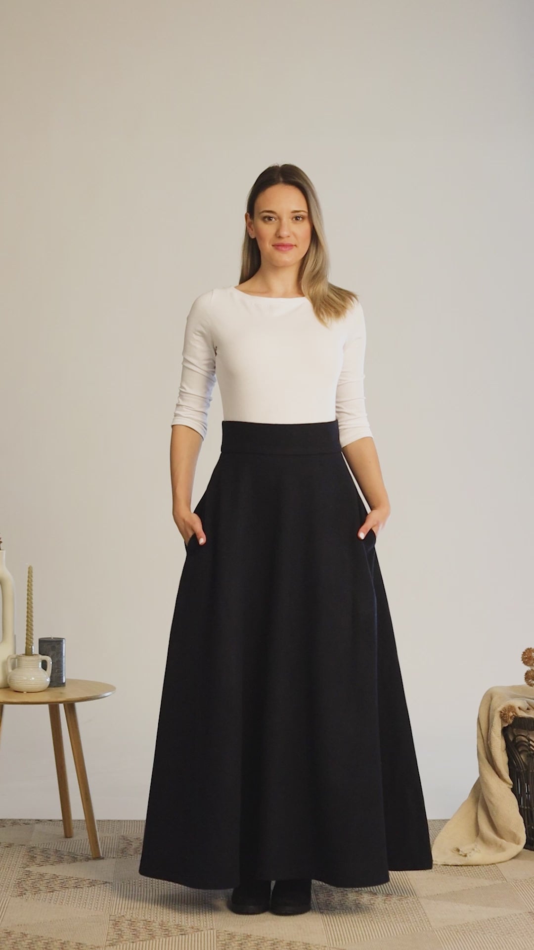 Full view of elegant high waist wool skirt in plaid