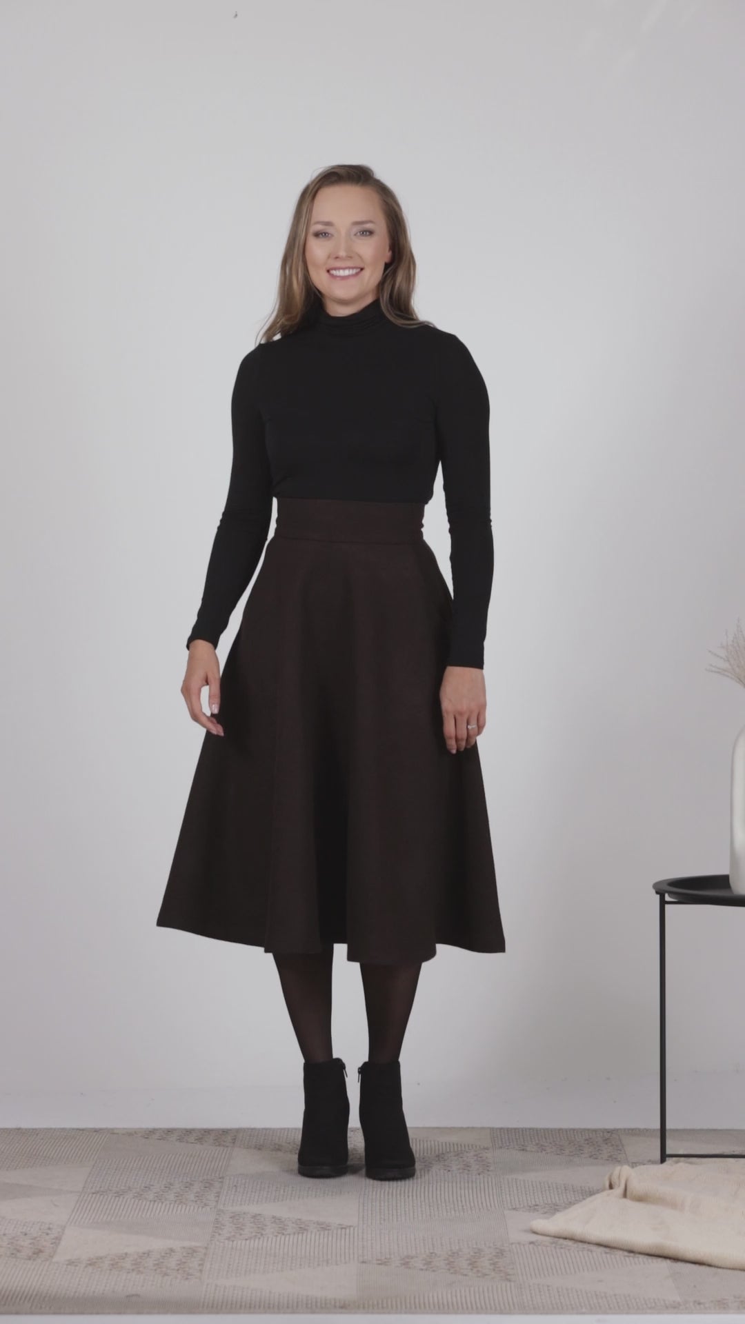 Full view of Dark chocolate wool midi skirt