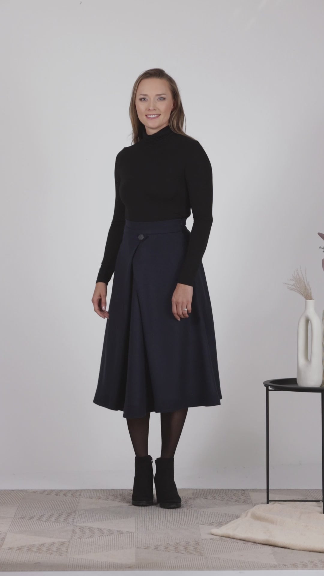 Full view of Wool Front Statement Skirt highlighting high waist and A-line silhouette