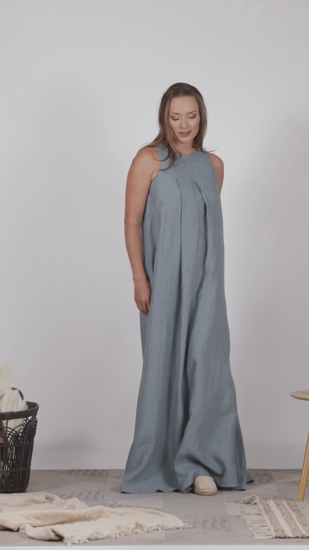 Full view of Flowy slate blue linen dress
