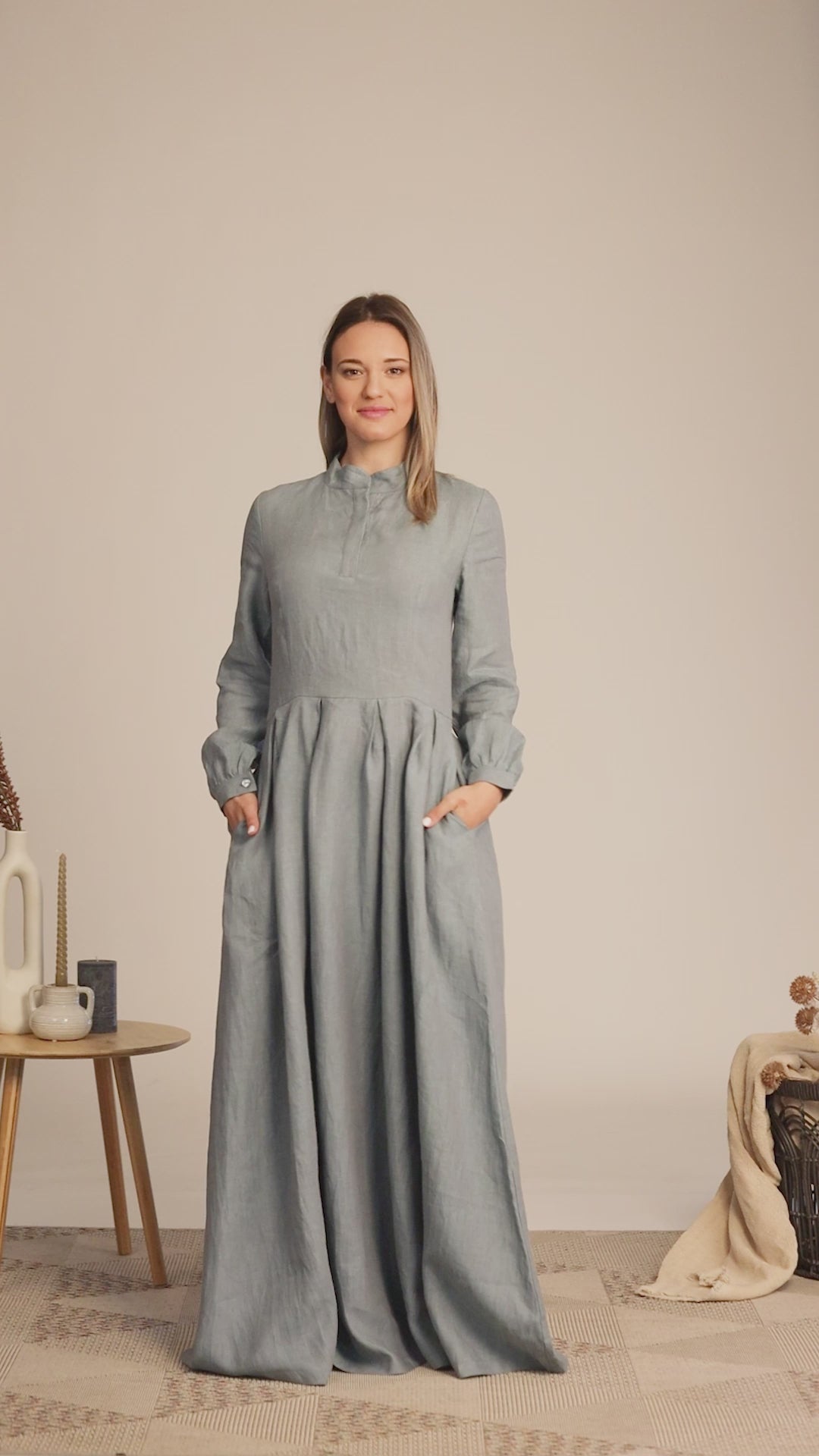 Complete design of Stylish and comfortable Dusty Blue Linen Prairie Maxi Dress