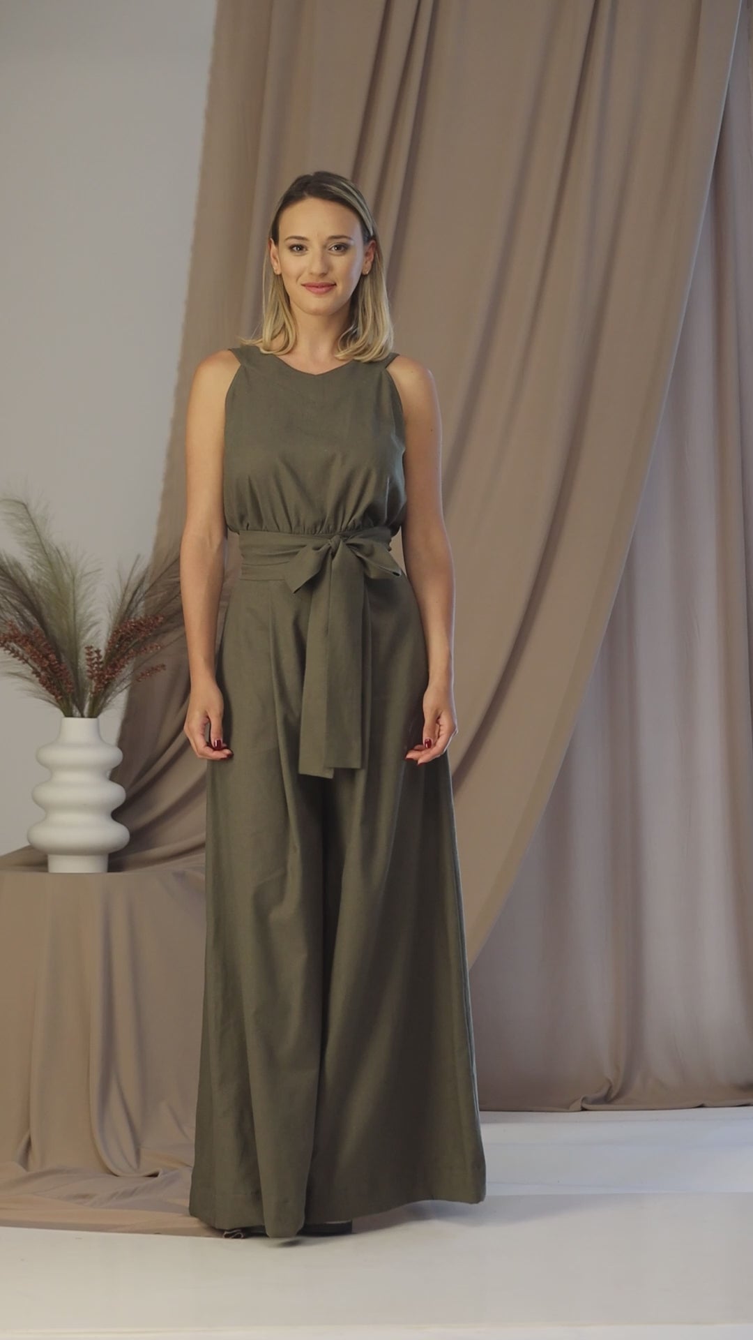 Linen Wide Leg Jumpsuit with Belt 