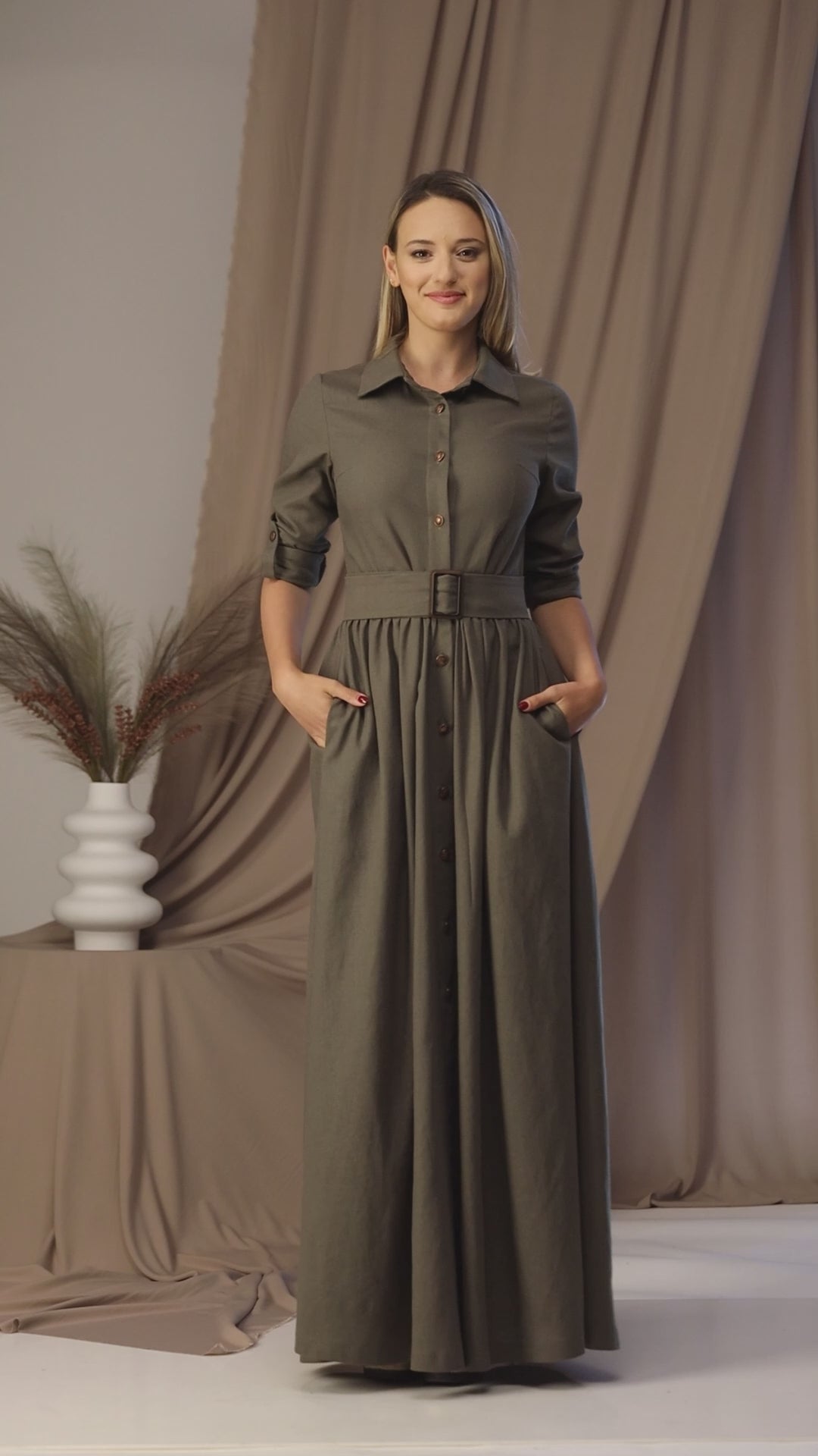 Full view of Linen Maxi Belted Dress