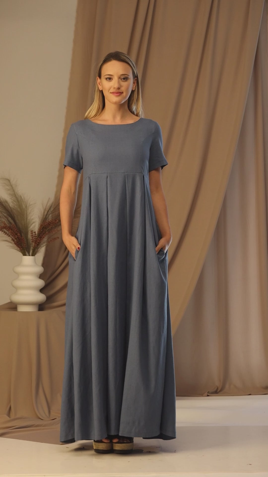 Complete design of Short Sleeve Maxi Linen Dress with Pockets in Blue