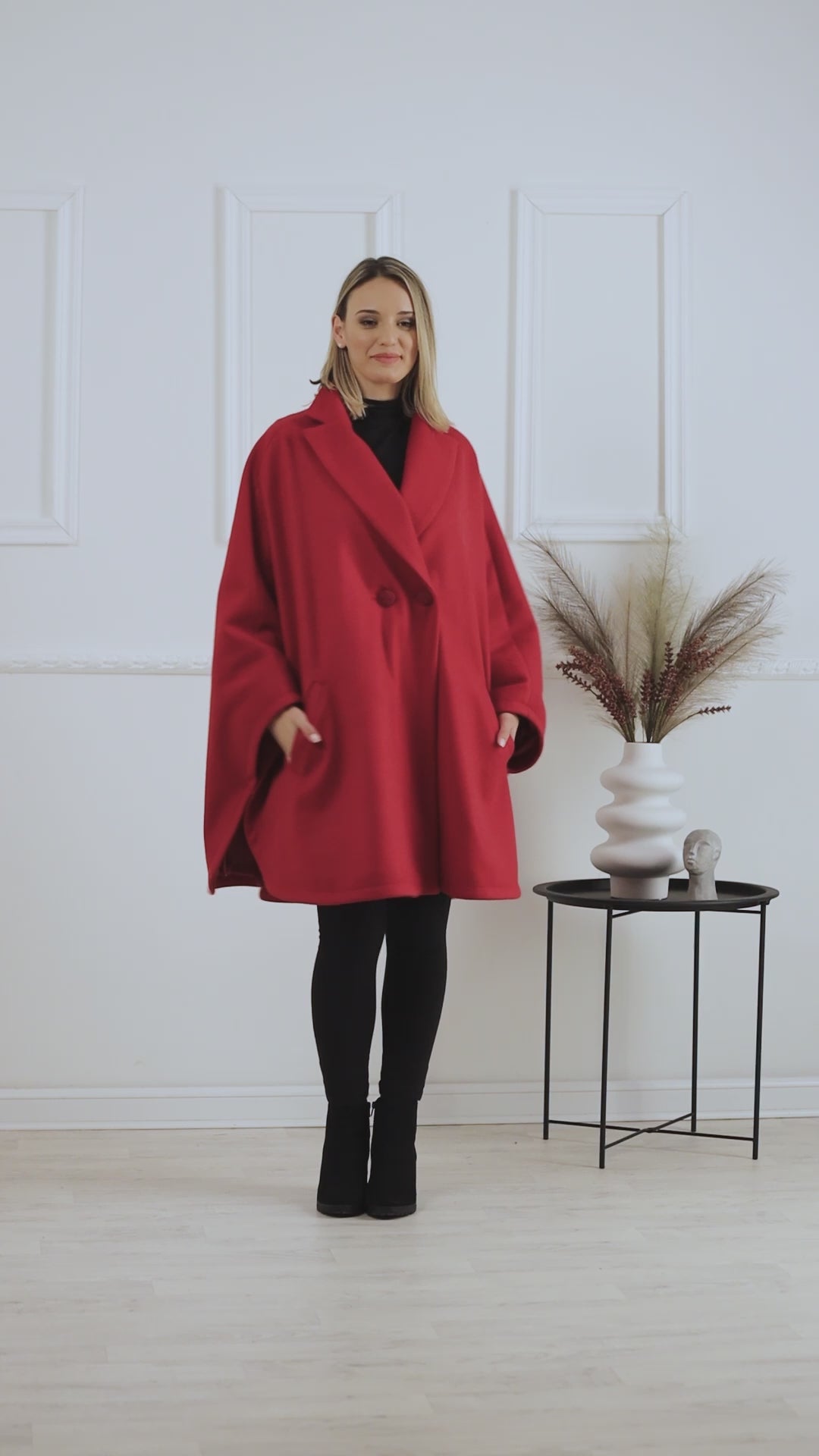 Full view of raspberry one-size off-white cape with relaxed drop shoulders