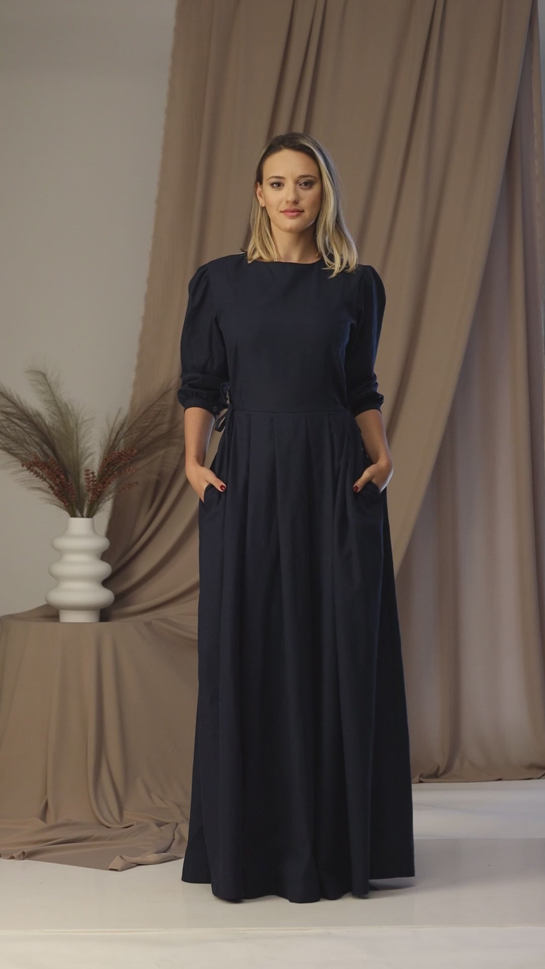 Complete design of Dark Blue Long Sleeve Linen Maxi Dress