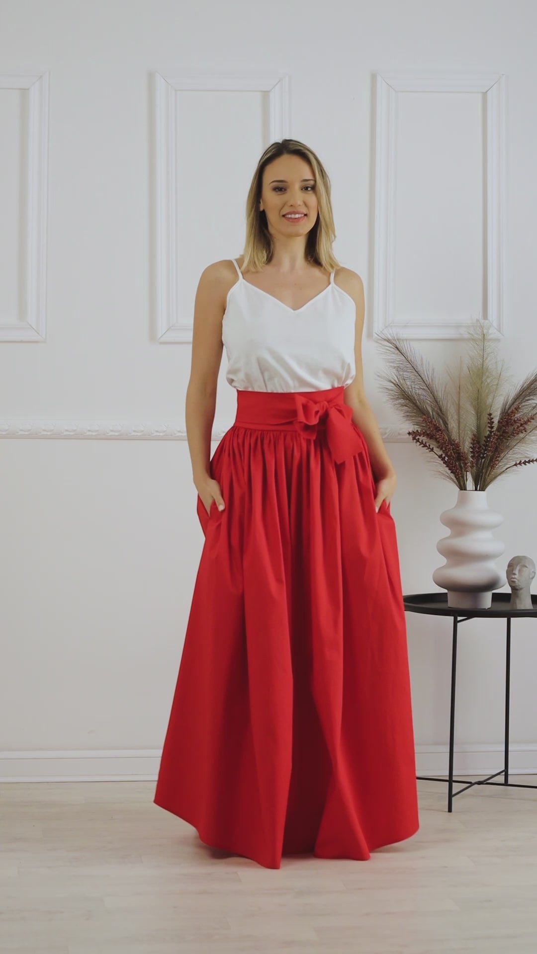 Complete design of Red Loose High Waist Skirt with Pockets