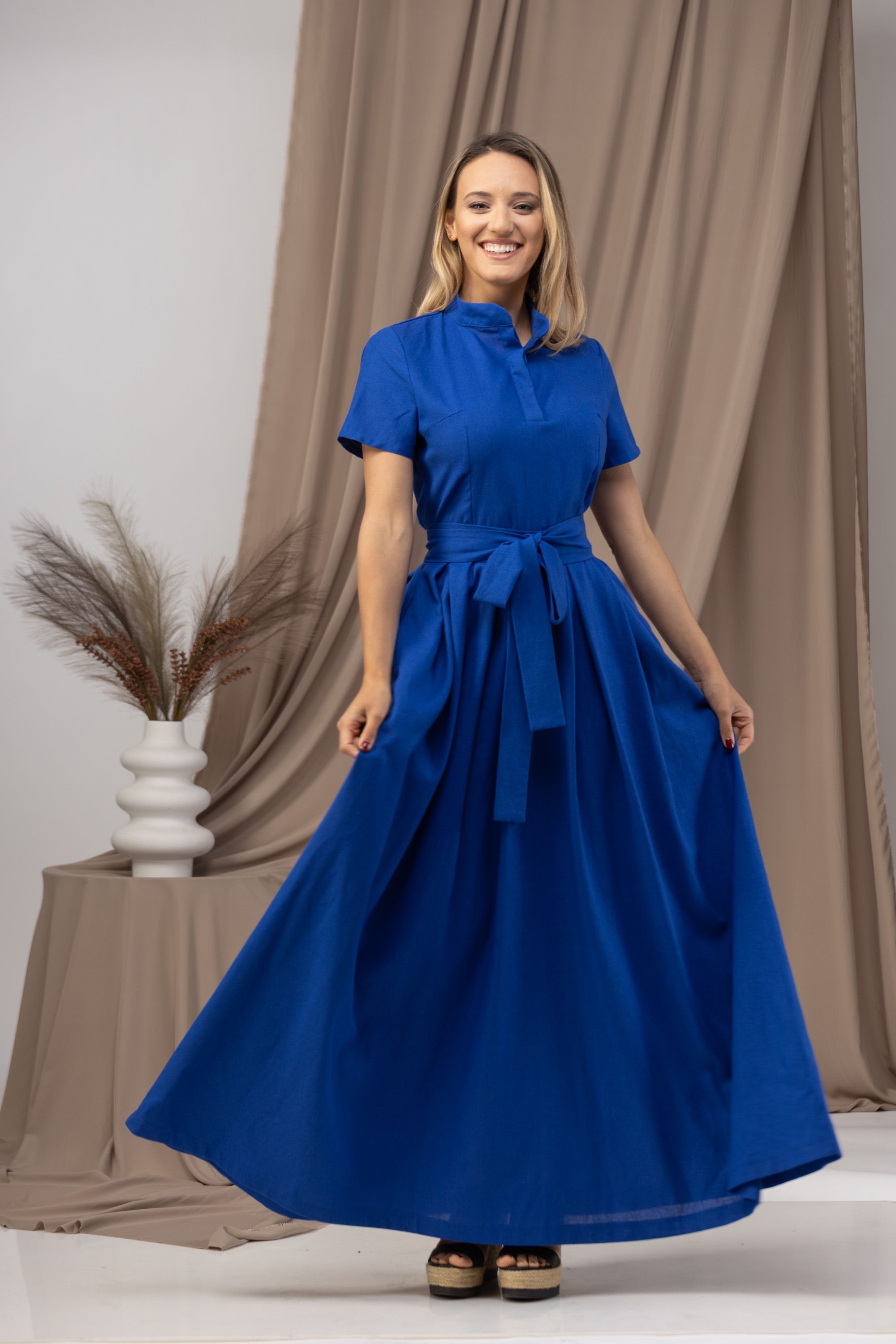 Linen Maxi Dress with Short Sleeves, Back Zipper, and Tie Belt