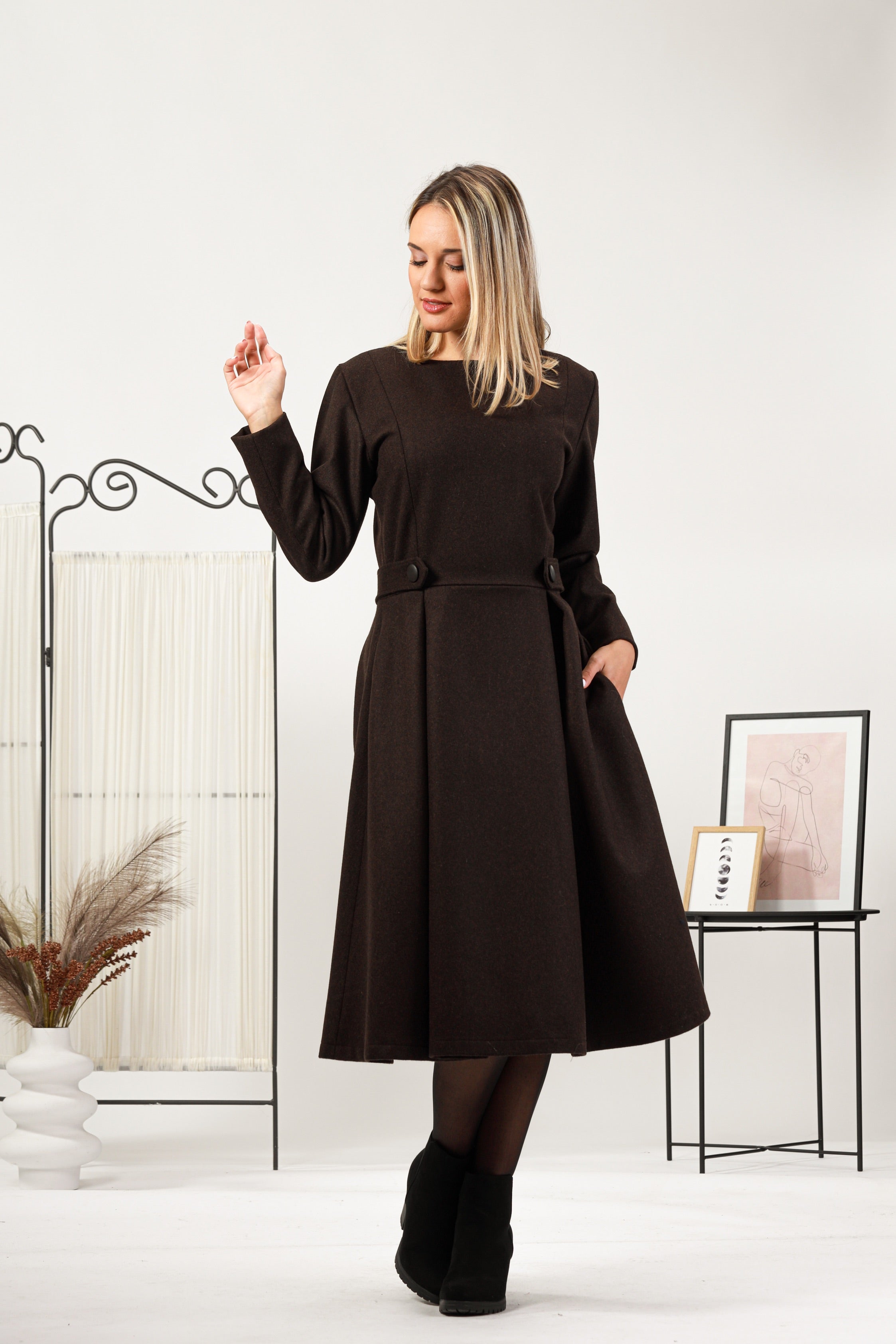 Elegant under-the-knee wool dress
