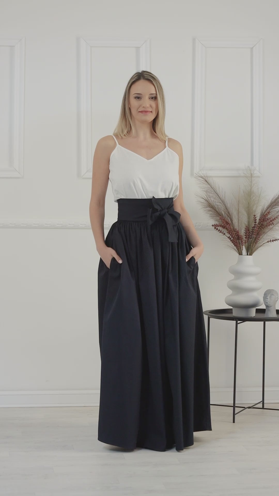 Complete design of Black High Waist Pleated Maxi Skirt 