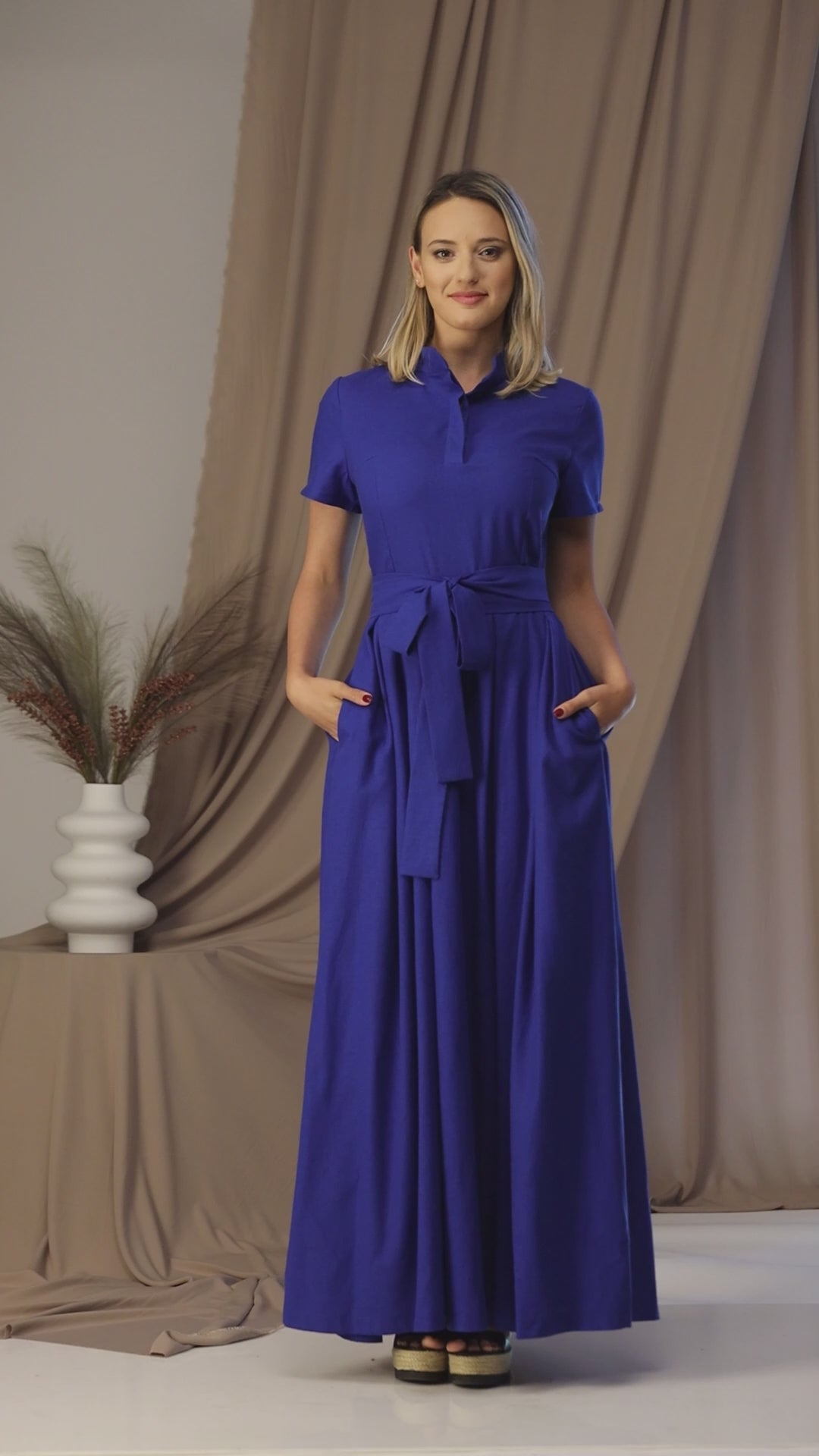 Complete design of Linen Maxi Dress with Short Sleeves, Back Zipper, and Tie Belt