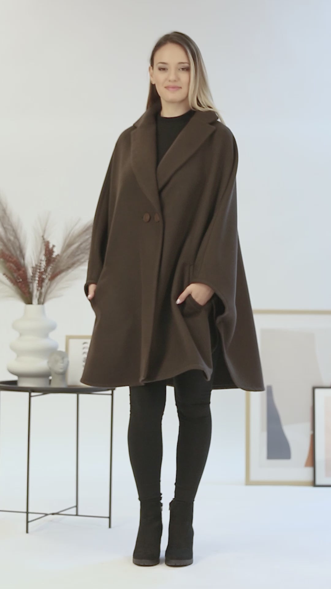 Complaete design of Brown Collared Loose Cape Coat 