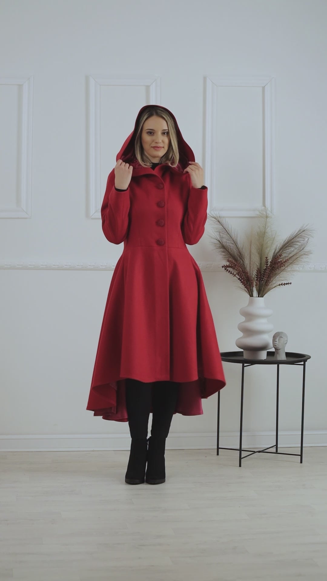 Complete design of Raspberry Hooded Asymmetric Coat