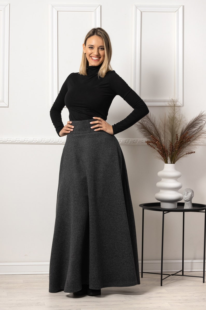 Dark Gray High Waisted Wool Maxi Skirt from NikkaPlace | Effortless fashion for easy living